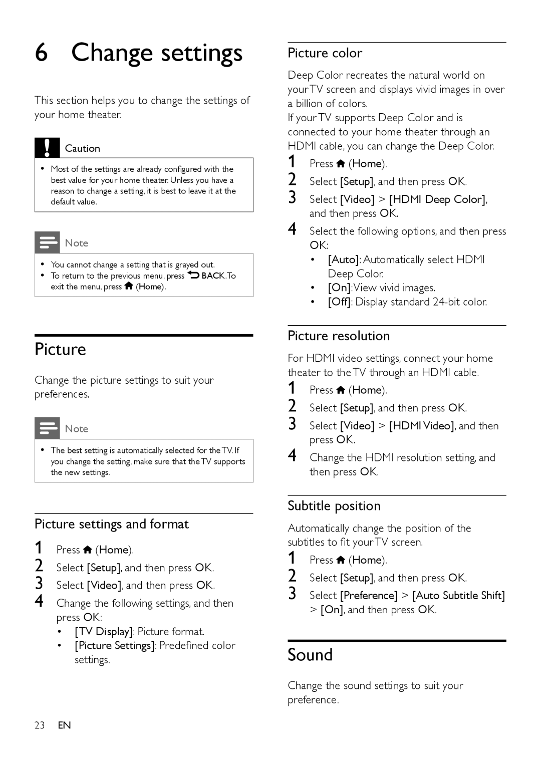 Philips HTS3541 user manual Change settings, Picture, Sound 