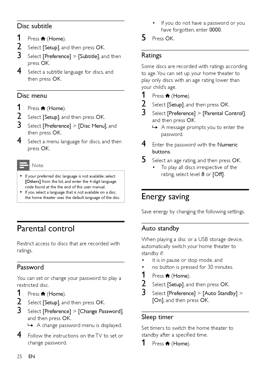 Philips HTS3541 user manual Parental control, Energy saving 