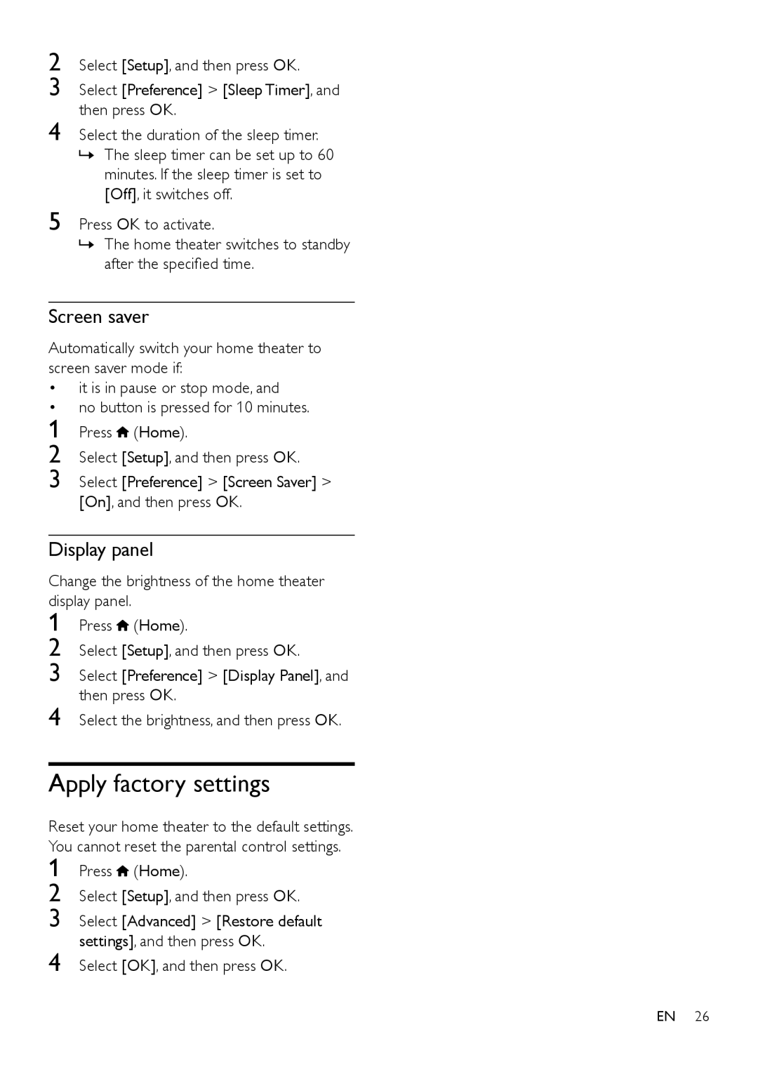 Philips HTS3541 user manual Apply factory settings, Screen saver, Display panel 