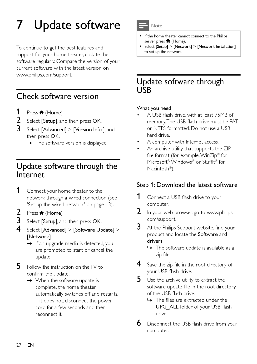 Philips HTS3541 user manual Check software version, Update software through the Internet, Download the latest software 