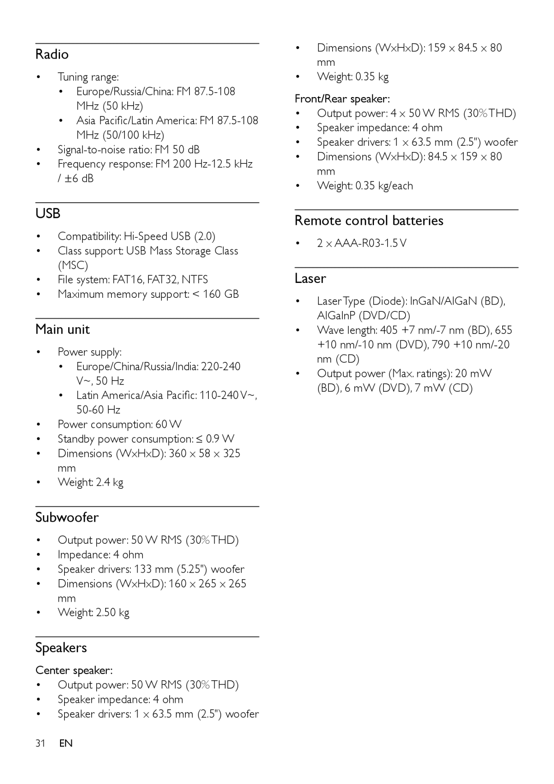 Philips HTS3541 user manual Radio, Main unit, Subwoofer, Speakers, Remote control batteries, Laser 