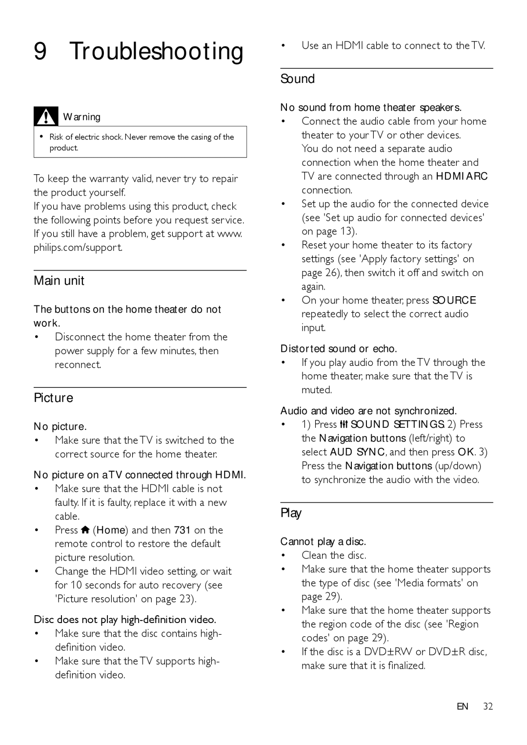 Philips HTS3541 user manual Troubleshooting, Picture, Sound, Play 