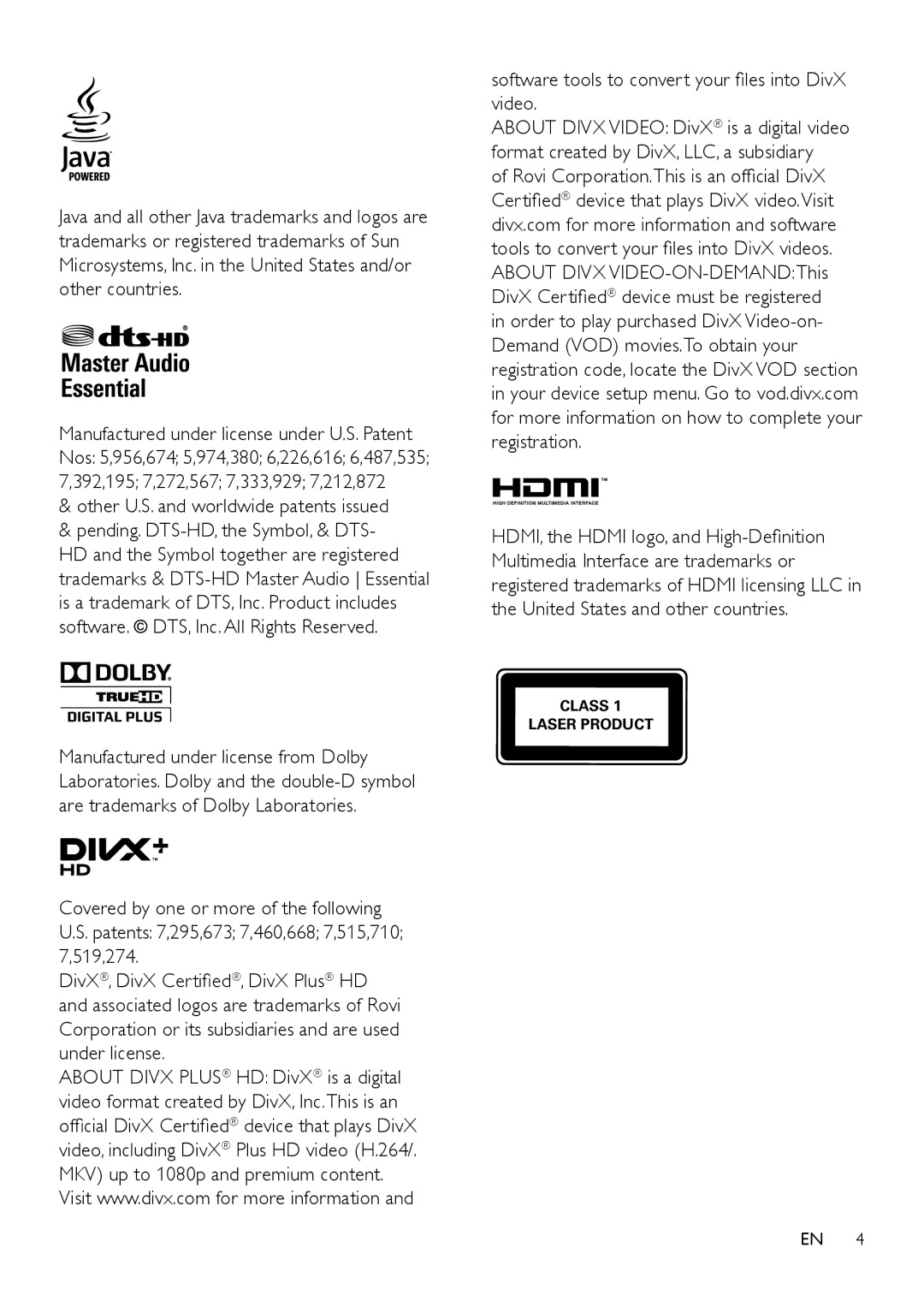 Philips HTS3541 user manual Other U.S. and worldwide patents issued 