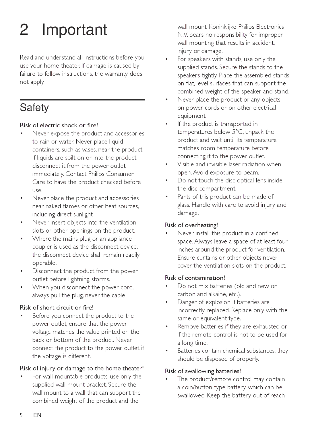 Philips HTS3541 user manual Safety, Risk of electric shock or fire, Risk of swallowing batteries 