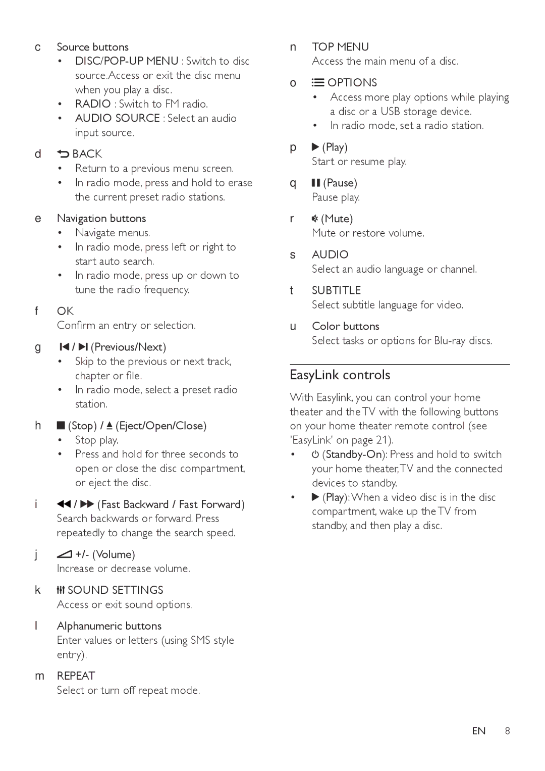 Philips HTS3541 user manual EasyLink controls 