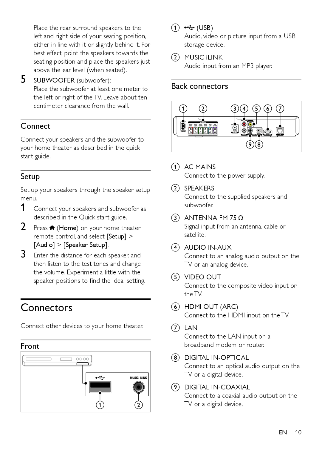 Philips HTS3541 user manual 1 2 3 Connectors, Setup, Front, Back connectors 