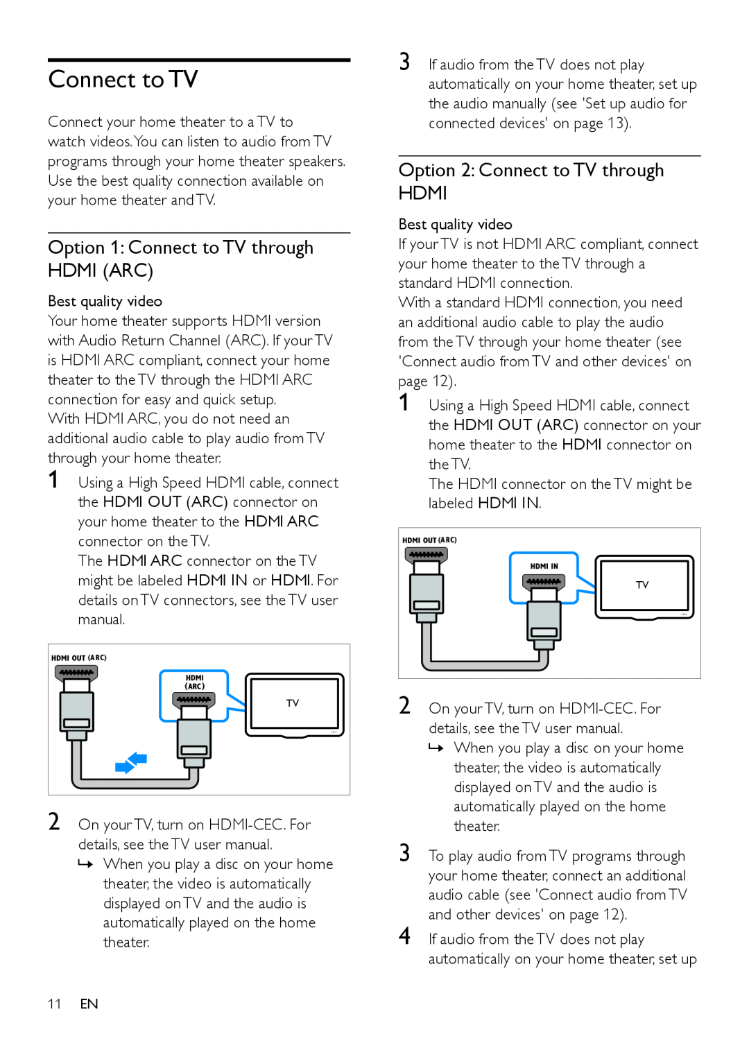 Philips HTS3541 user manual Option 1 Connect to TV through HDMI ARC, Option 2 Connect to TV through HDMI 
