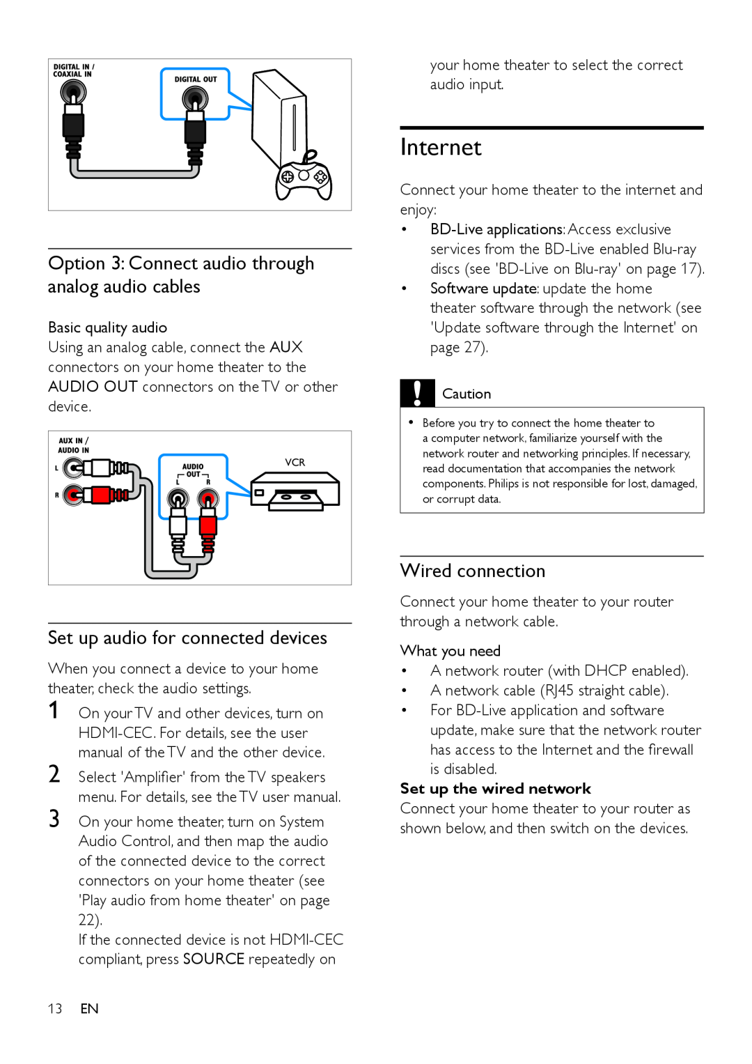 Philips HTS3541 user manual Internet, Set up audio for connected devices, Wired connection, Set up the wired network 