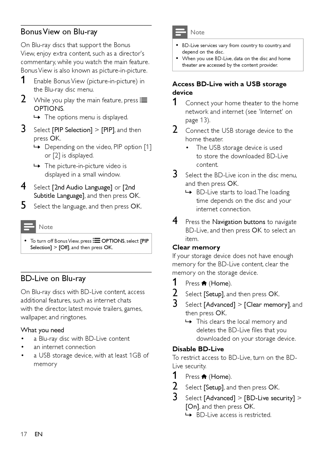 Philips HTS3541 user manual Bonus View on Blu-ray, BD-Liveon Blu-ray, Access BD-Livewith a USB storage device, Clear memory 