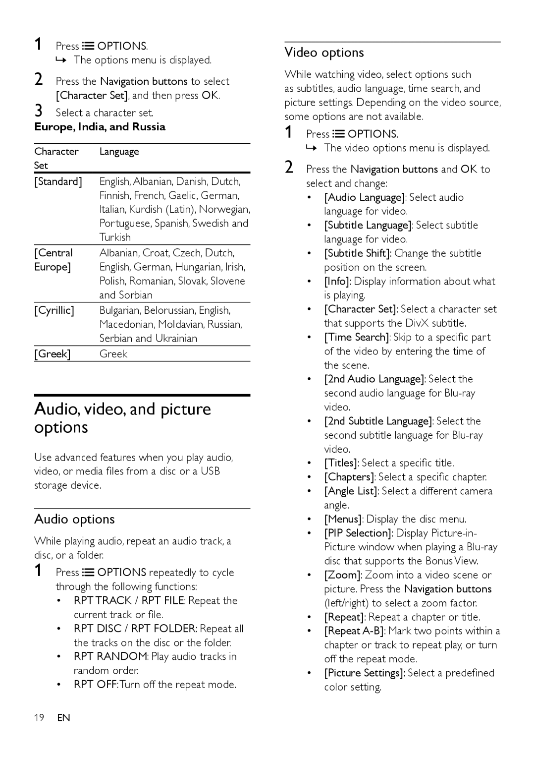 Philips HTS3541 user manual Audio, video, and picture options, Audio options, Video options, Europe, India, and Russia 