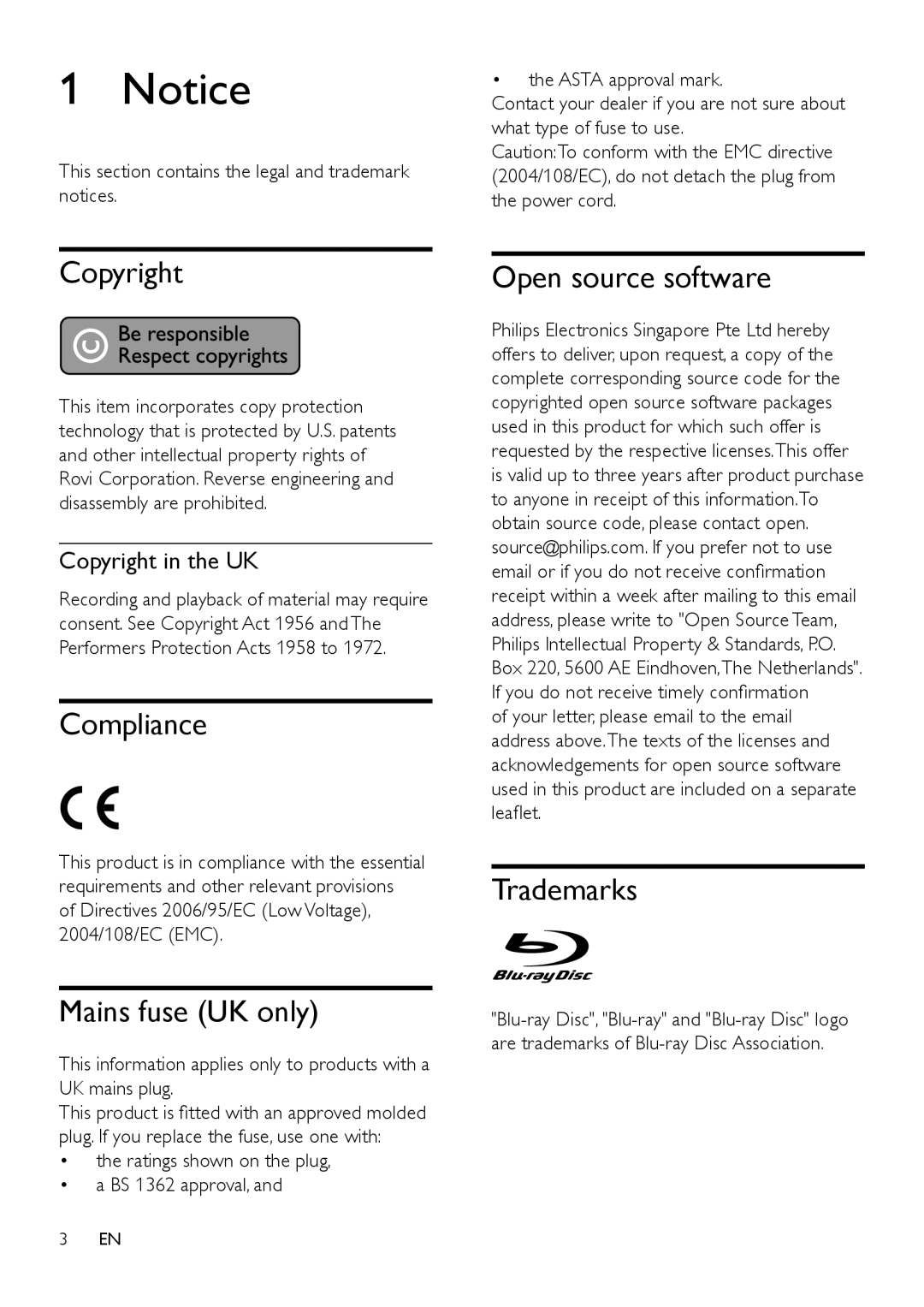 Philips HTS3541 user manual Copyright, Compliance, Mains fuse UK only, Open source software, Trademarks 