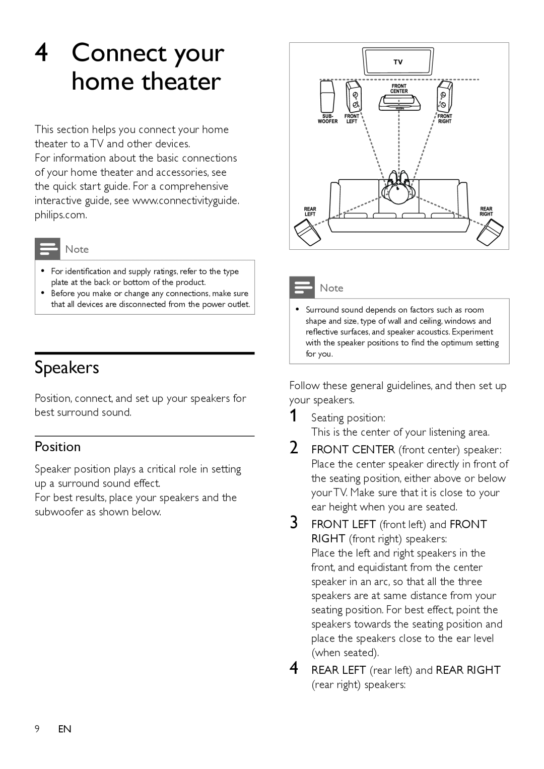 Philips HTS3541 user manual Speakers, 4Connect your home theater 