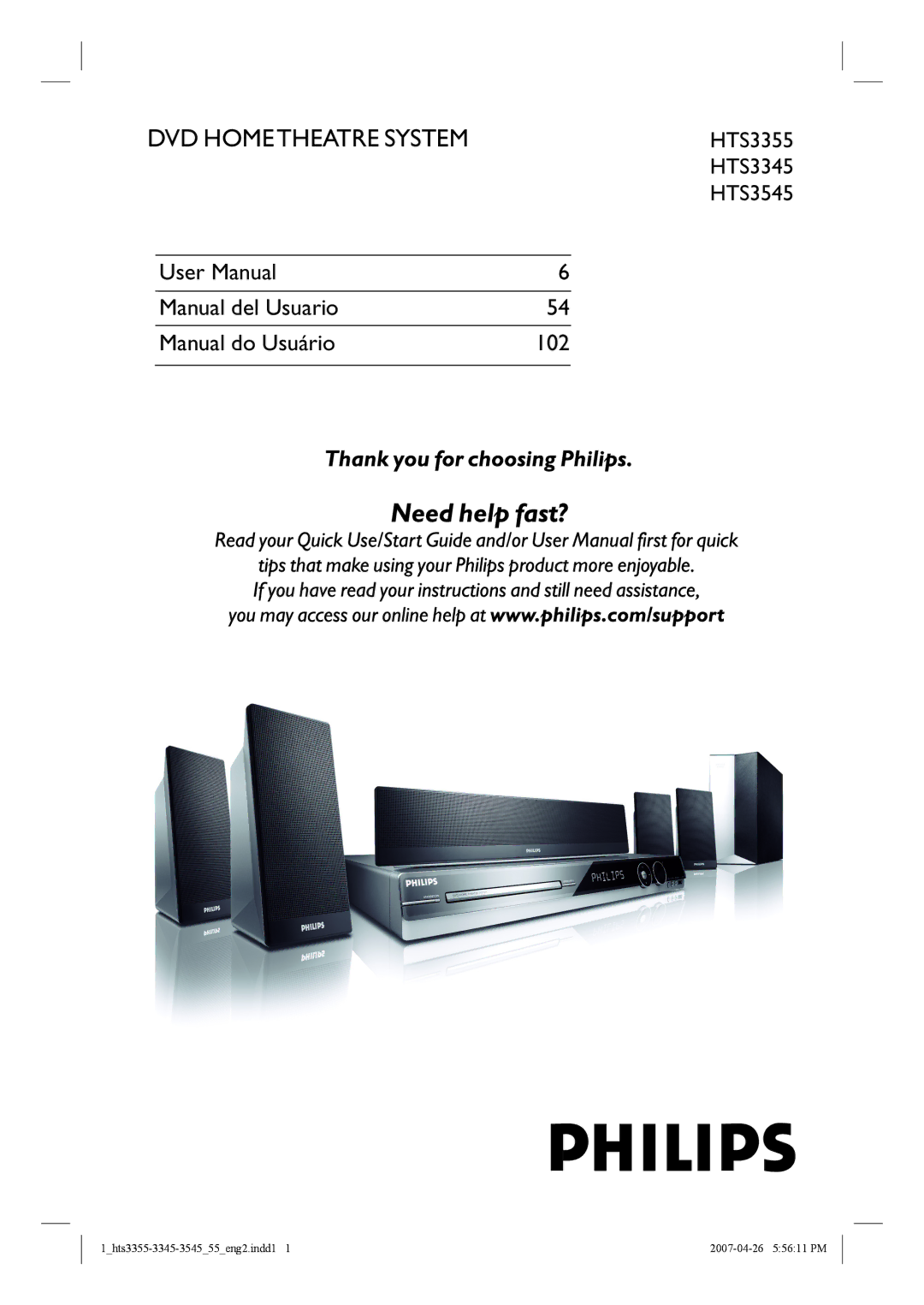 Philips HTS3345, HTS3545, HTS3355 user manual DVD Hometheatre System 