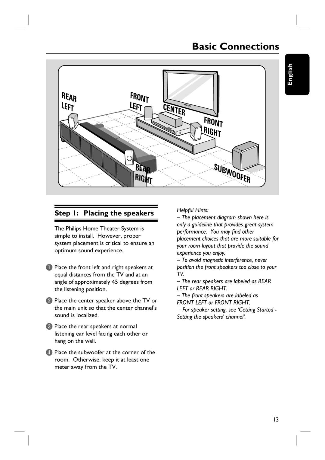 Philips HTS3345, HTS3545, HTS3355 user manual Basic Connections, Placing the speakers 