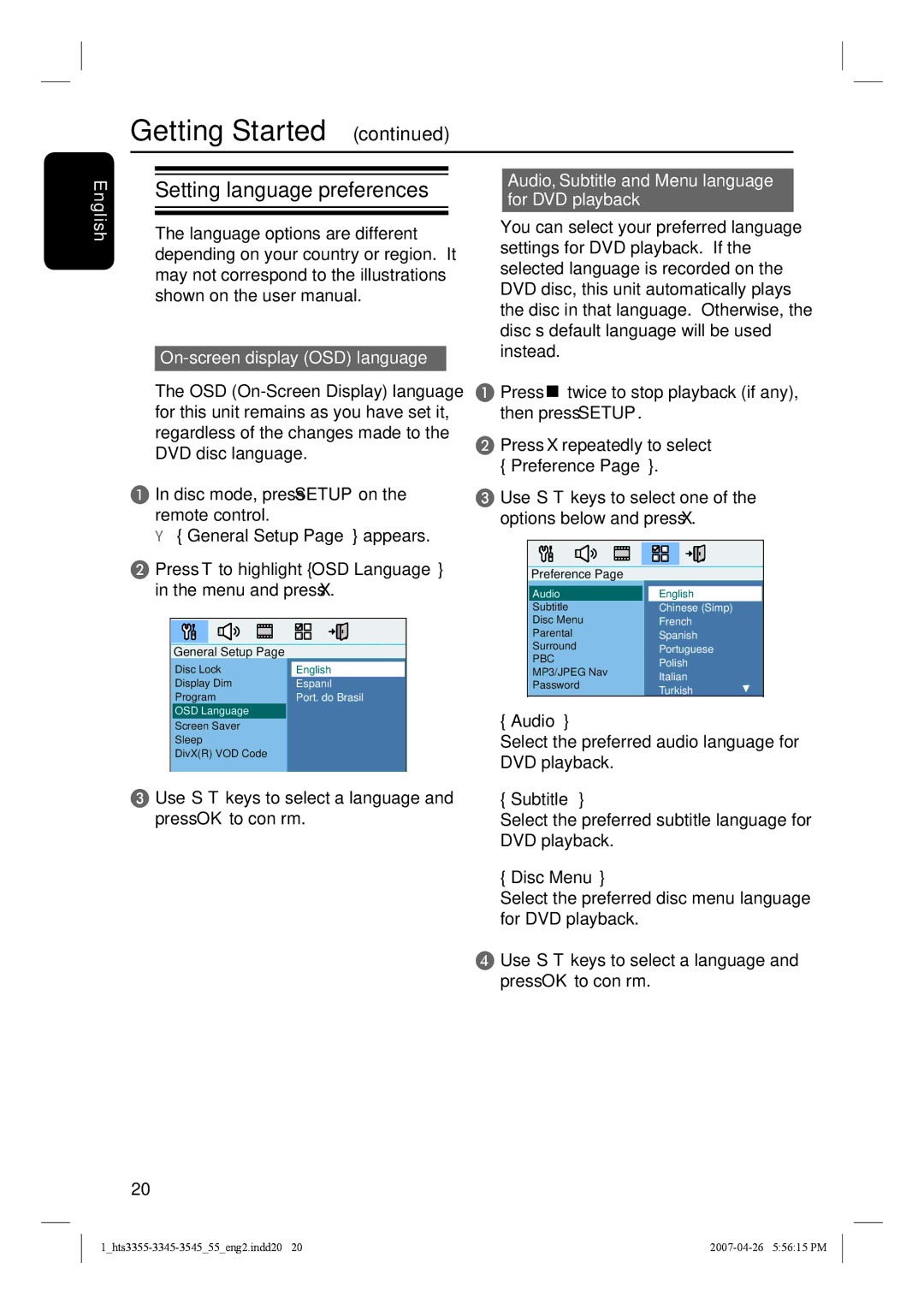 Philips HTS3355 Setting language preferences, On-screen display OSD language, General Setup Page appears, Preference 