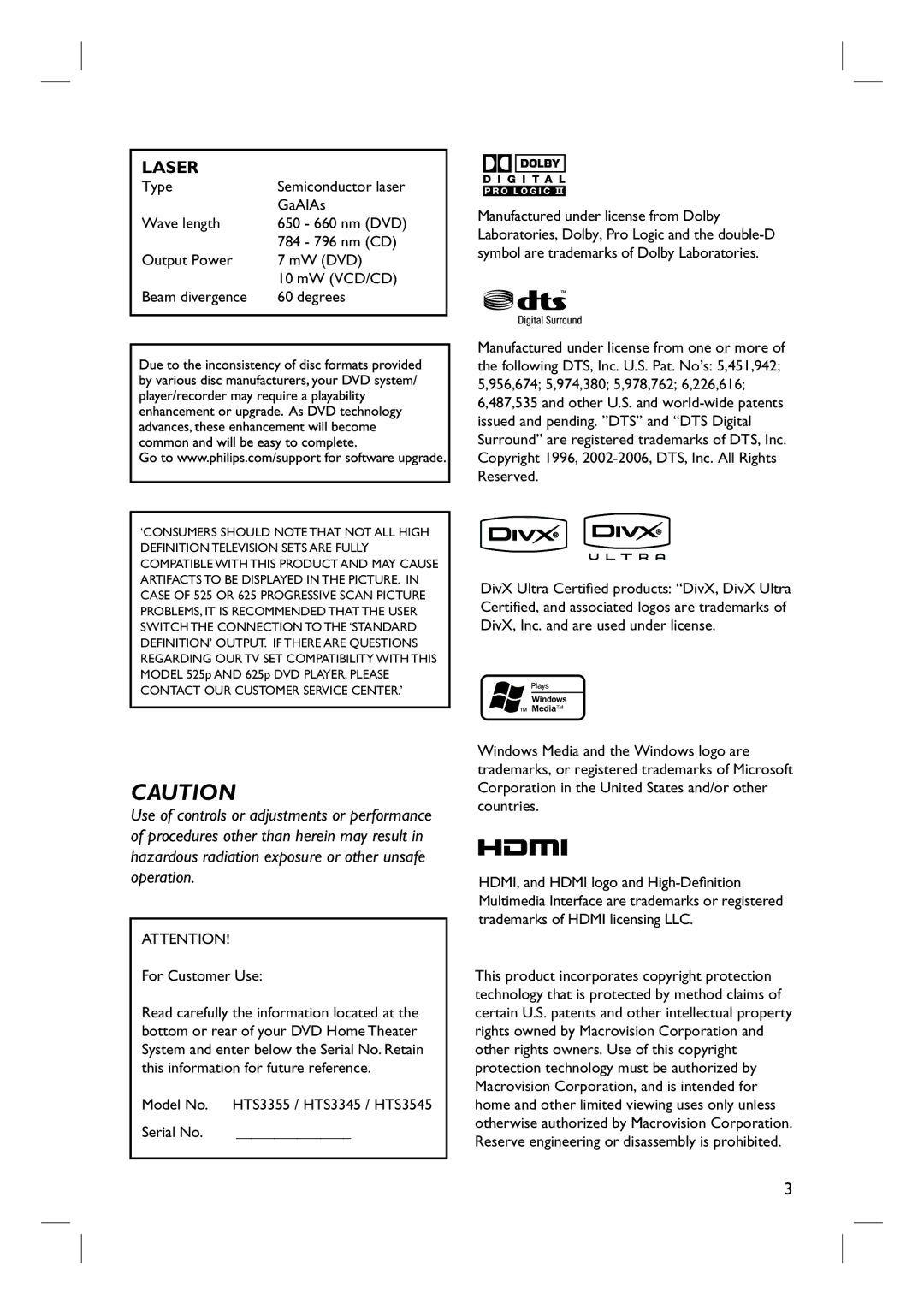 Philips HTS3545, HTS3345, HTS3355 user manual Laser 