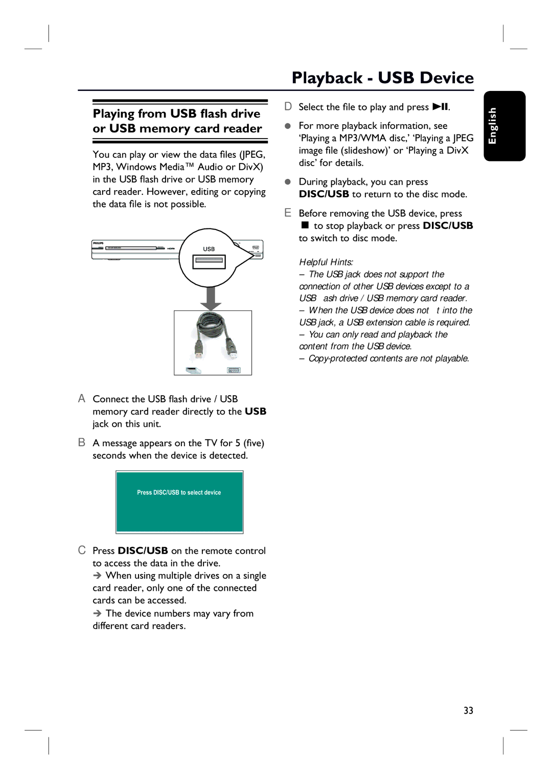 Philips HTS3545, HTS3345, HTS3355 user manual Playback USB Device, Playing from USB flash drive or USB memory card reader 