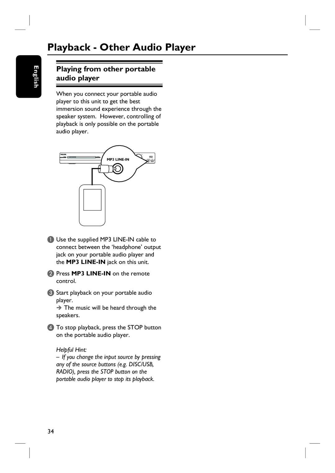 Philips HTS3345, HTS3545, HTS3355 user manual Playback Other Audio Player, Playing from other portable audio player 