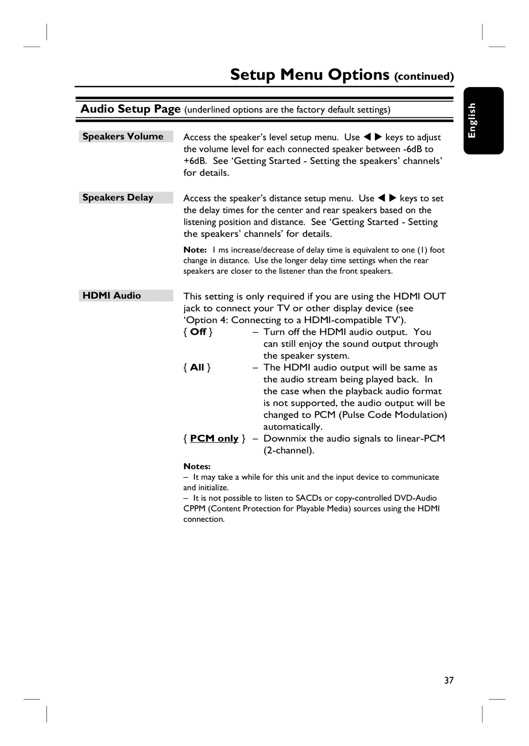 Philips HTS3345, HTS3545, HTS3355 user manual Speakers Volume, Speakers Delay, Hdmi Audio, All 