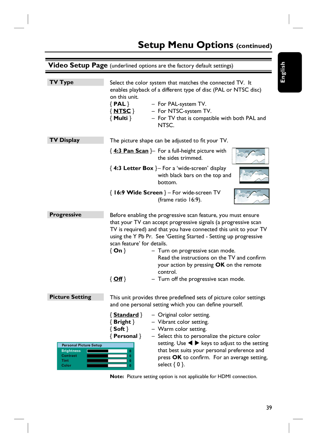 Philips HTS3545, HTS3345, HTS3355 user manual TV Type, Pal, Multi, TV Display Progressive, Picture Setting, Soft, Personal 