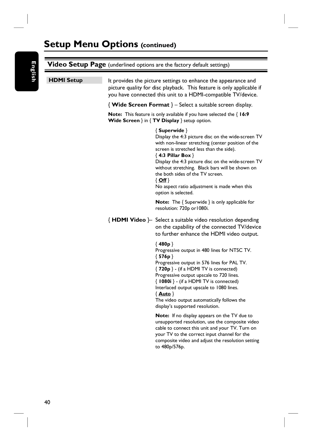 Philips HTS3345, HTS3545, HTS3355 user manual Hdmi Setup, Superwide 