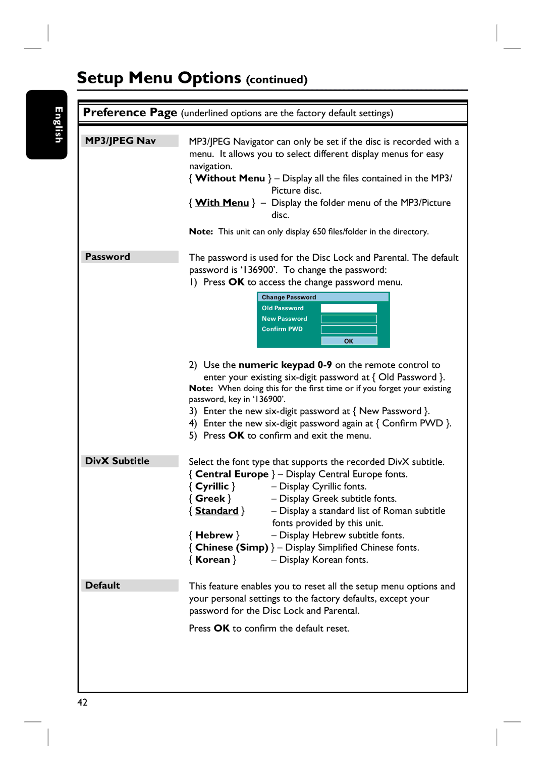 Philips HTS3545, HTS3345, HTS3355 user manual Password DivX Subtitle Default, Display Cyrillic fonts, Greek 