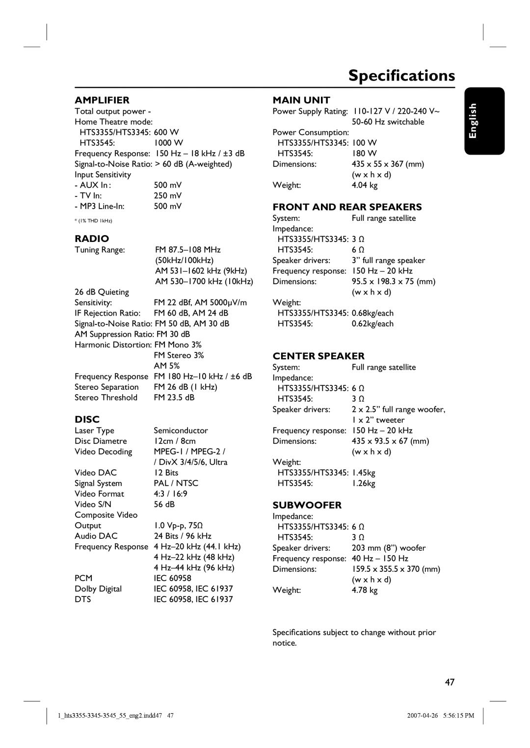 Philips HTS3355, HTS3545, HTS3345 user manual Specifications, Amplifier 