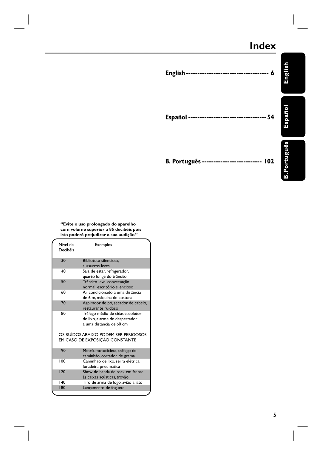 Philips HTS3355, HTS3545, HTS3345 user manual Index, Português Español English 