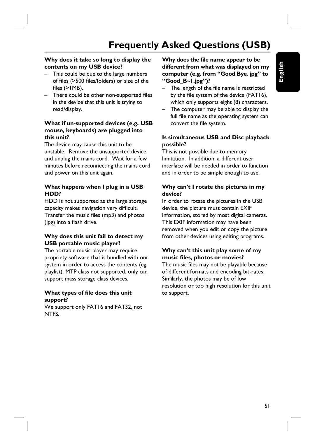 Philips HTS3545, HTS3345, HTS3355 user manual Frequently Asked Questions USB, What happens when I plug in a USB HDD? 