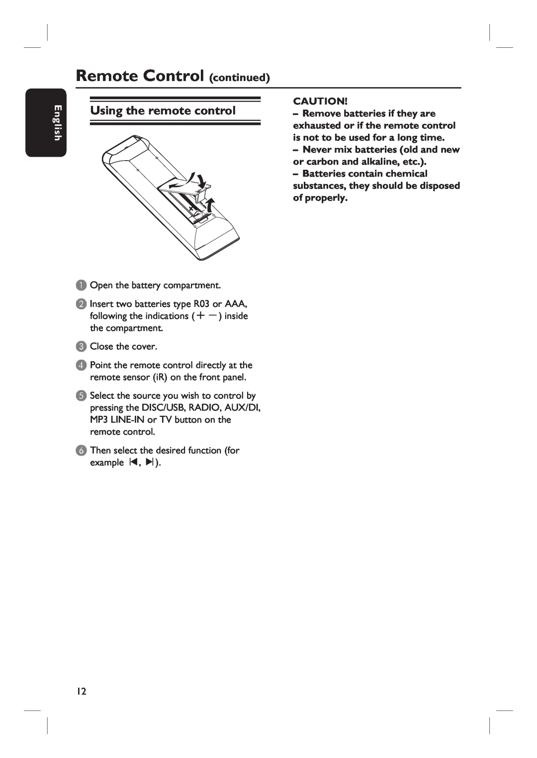Philips HTS3545, HTS3345, HTS3355 user manual Using the remote control, Remote Control continued, English 