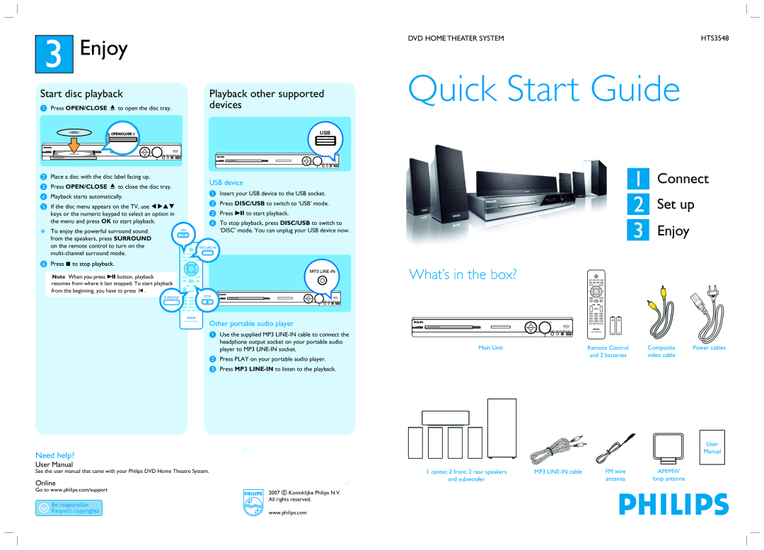 Philips HTS3545/98 quick start Enjoy, Need help? 