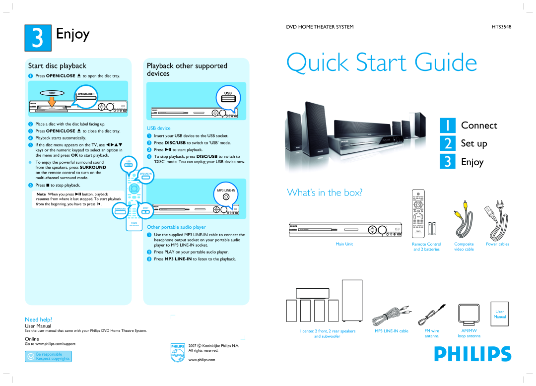 Philips HTS3545/98 quick start 3Enjoy, Need help?, Quick Start Guide, Connect 2 Set up 3 Enjoy, What’s in the box?, Online 