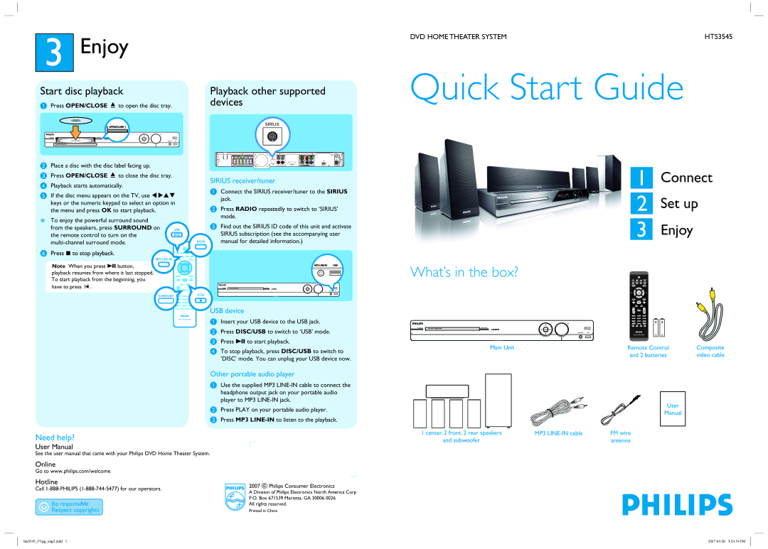 Philips HTS3545/37 quick start Enjoy, Need help?, Sirius receiver/tuner, USB device, Other portable audio player 