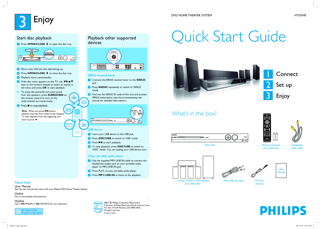 Philips HTS3545/37 quick start Need help?, Quick Start Guide, Connect 2 Set up 3 Enjoy, What’s in the box?, USB device 