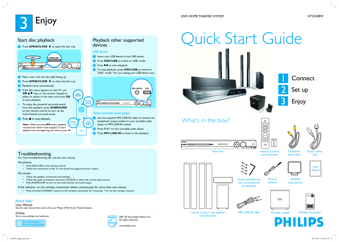 Philips HTS3548W quick start 3Enjoy, Need help?, Quick Start Guide, Connect 2 Set up 3 Enjoy, What’s in the box?, Online 