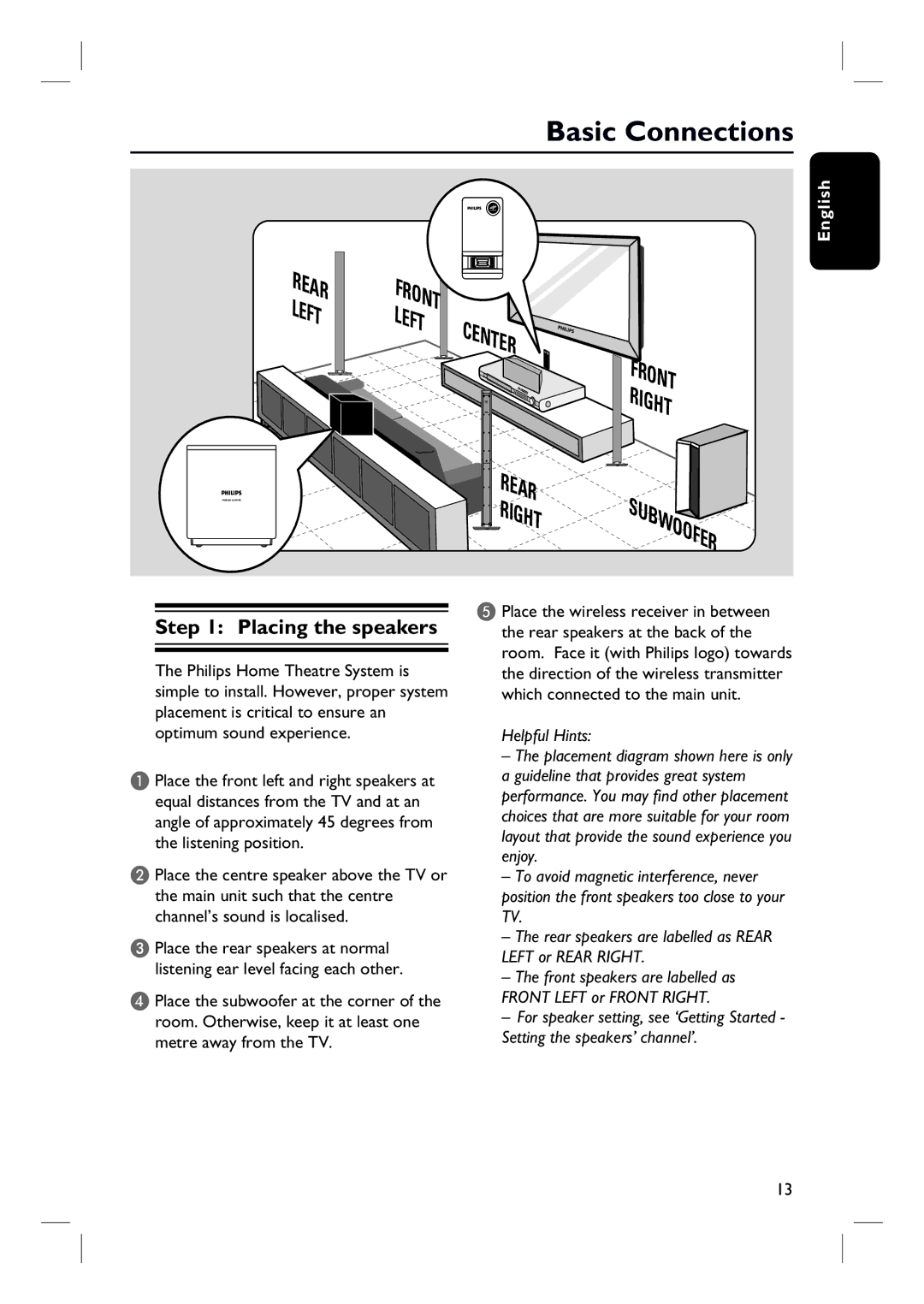 Philips HTS3548W/55 user manual Basic Connections, Placing the speakers 