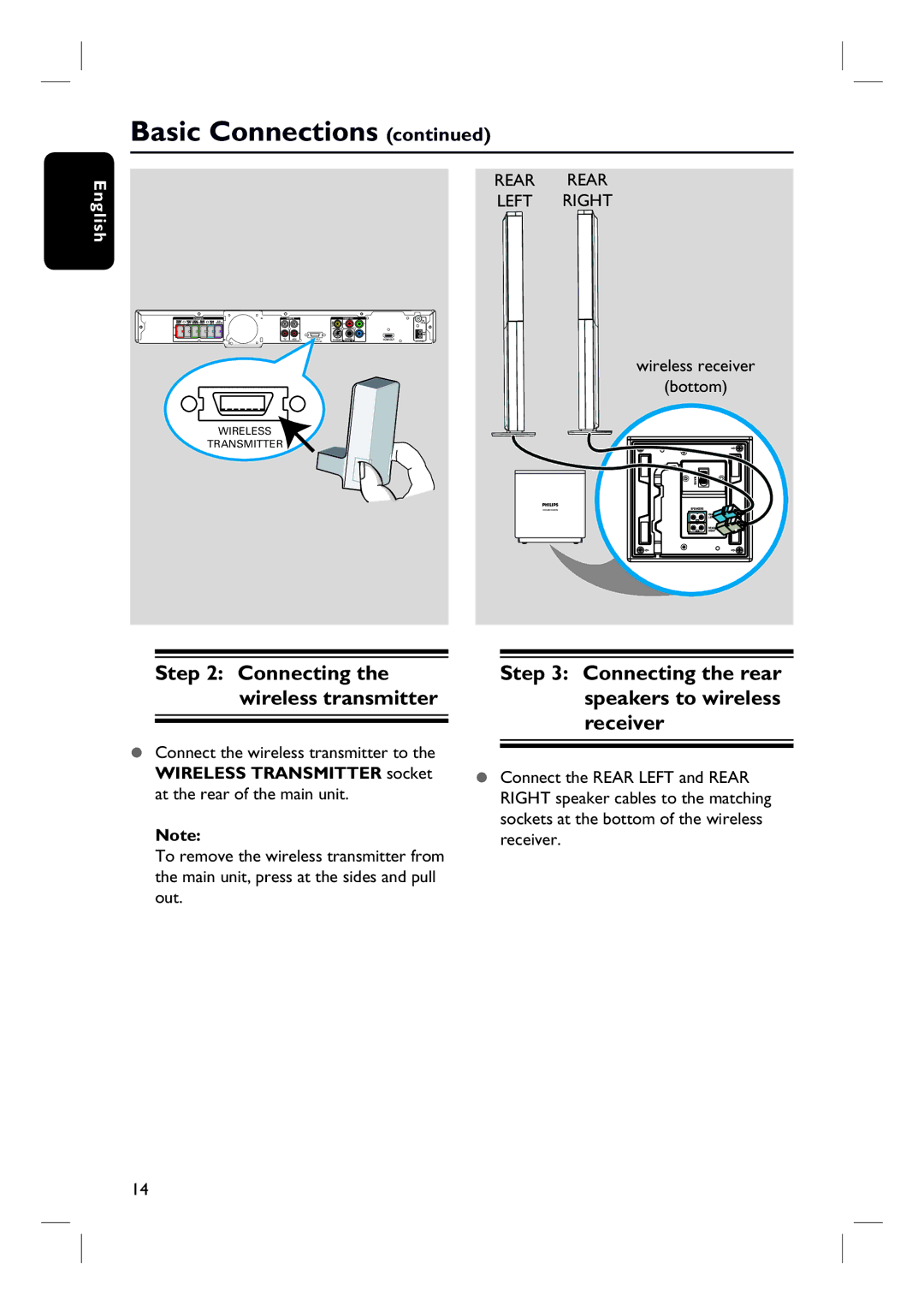 Philips HTS3548W/55 user manual Connecting the wireless transmitter, Connecting the rear speakers to wireless receiver 