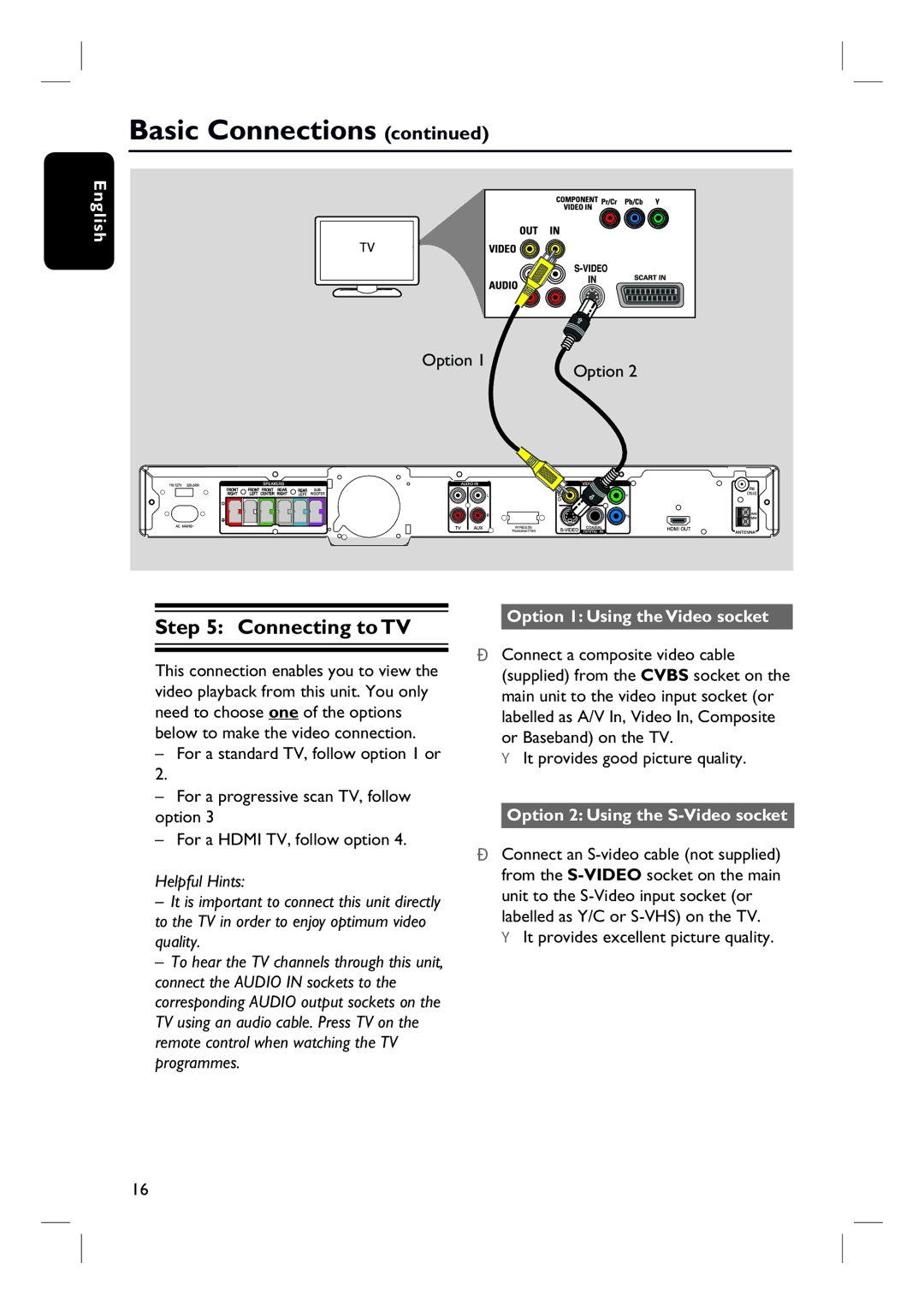 Philips HTS3548W/55 user manual Connecting to TV, Option 1 Using the Video socket, Option 2 Using the S-Video socket 