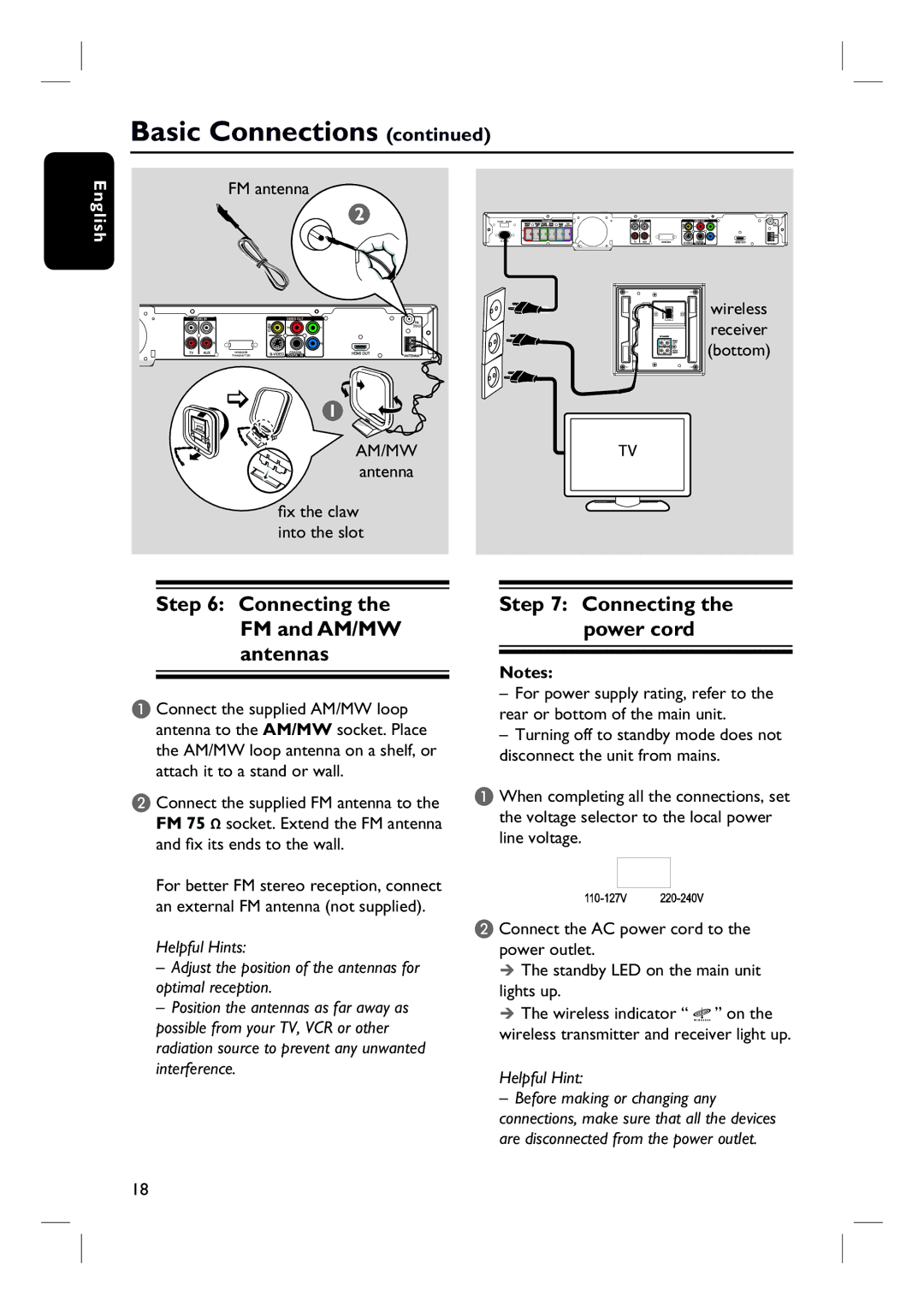 Philips HTS3548W/55 user manual Connecting the FM and AM/MW antennas, Connecting the power cord, FM antenna 