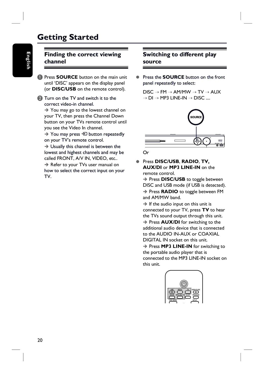 Philips HTS3548W/55 user manual Getting Started, ¤ DI ¤ MP3 LINE-IN ¤ Disc, AM/MW band 