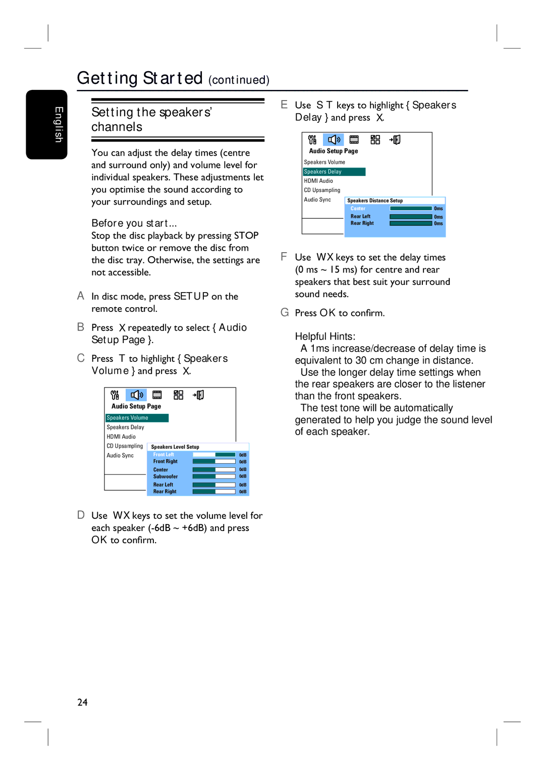 Philips HTS3548W/55 user manual Setting the speakers’ channels, Setup Press To highlight Speakers Volume and press, Use 