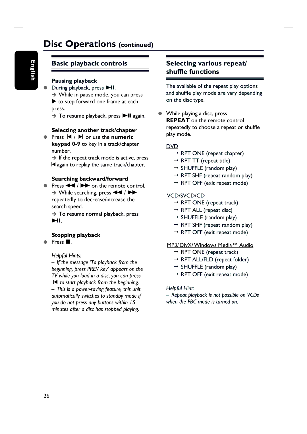 Philips HTS3548W/55 user manual Basic playback controls, Selecting various repeat/ shuffle functions, Pausing playback 