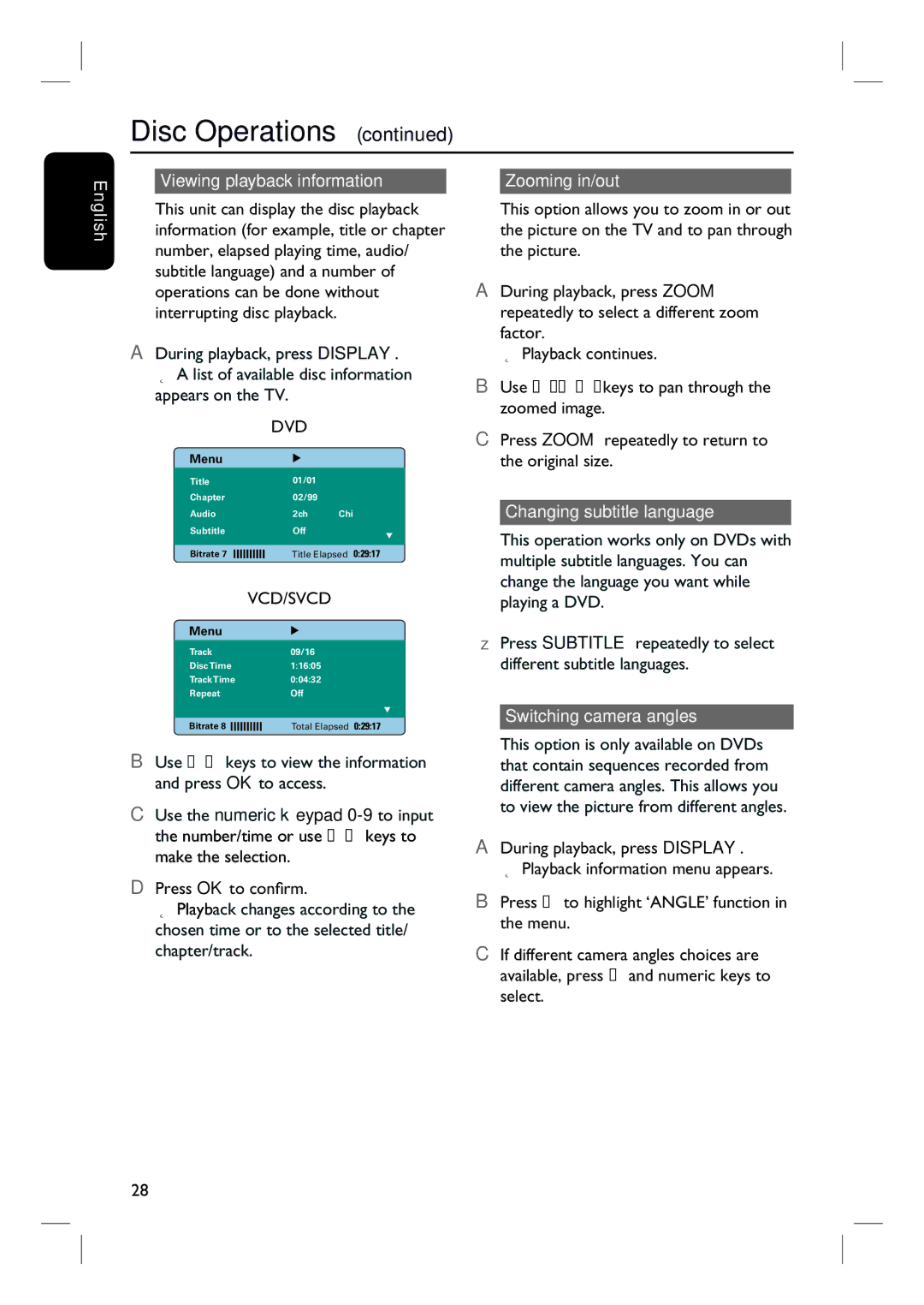 Philips HTS3548W/55 user manual English Viewing playback information, Use, Zooming in/out, Changing subtitle language 