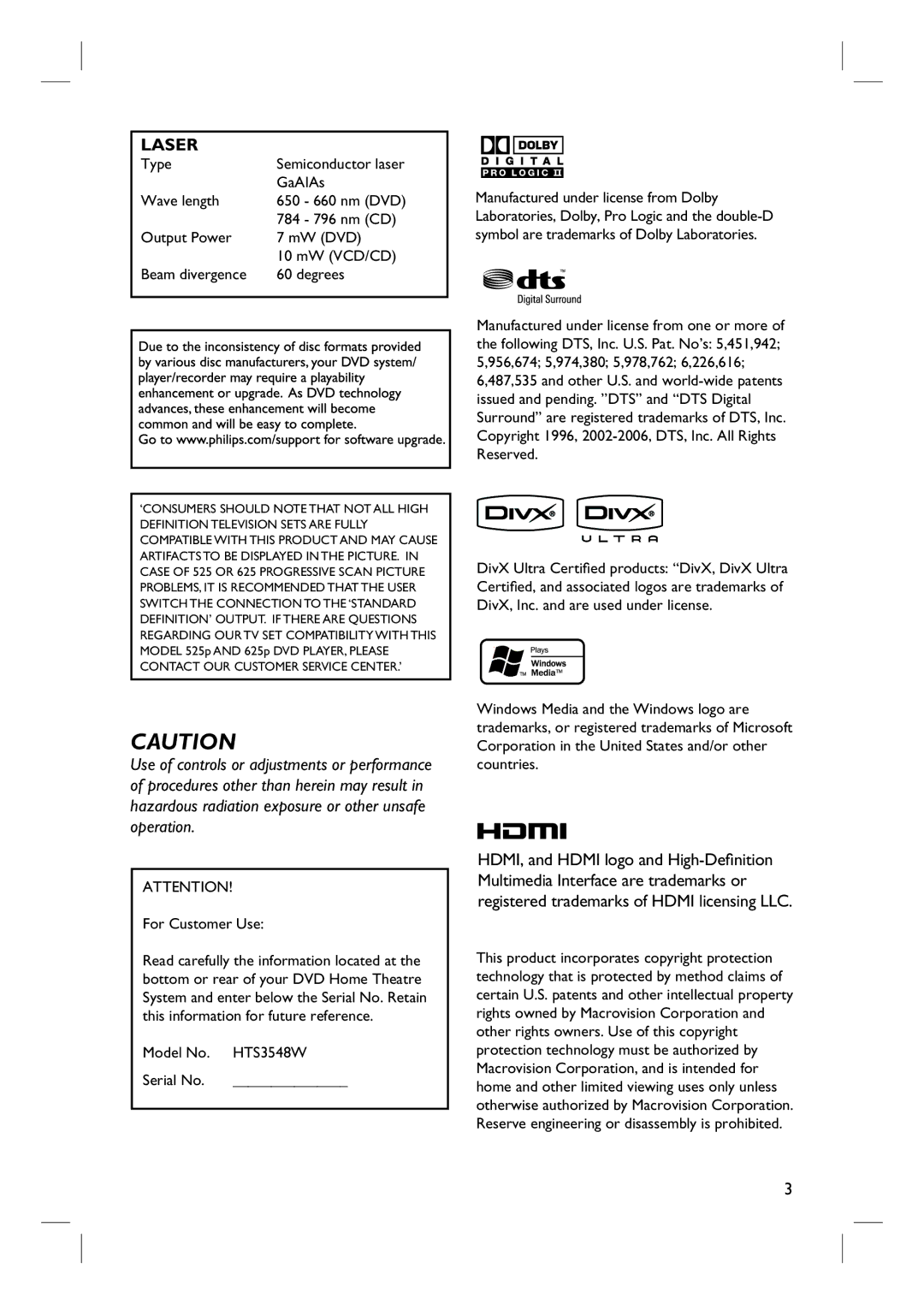 Philips HTS3548W/55 user manual Laser 