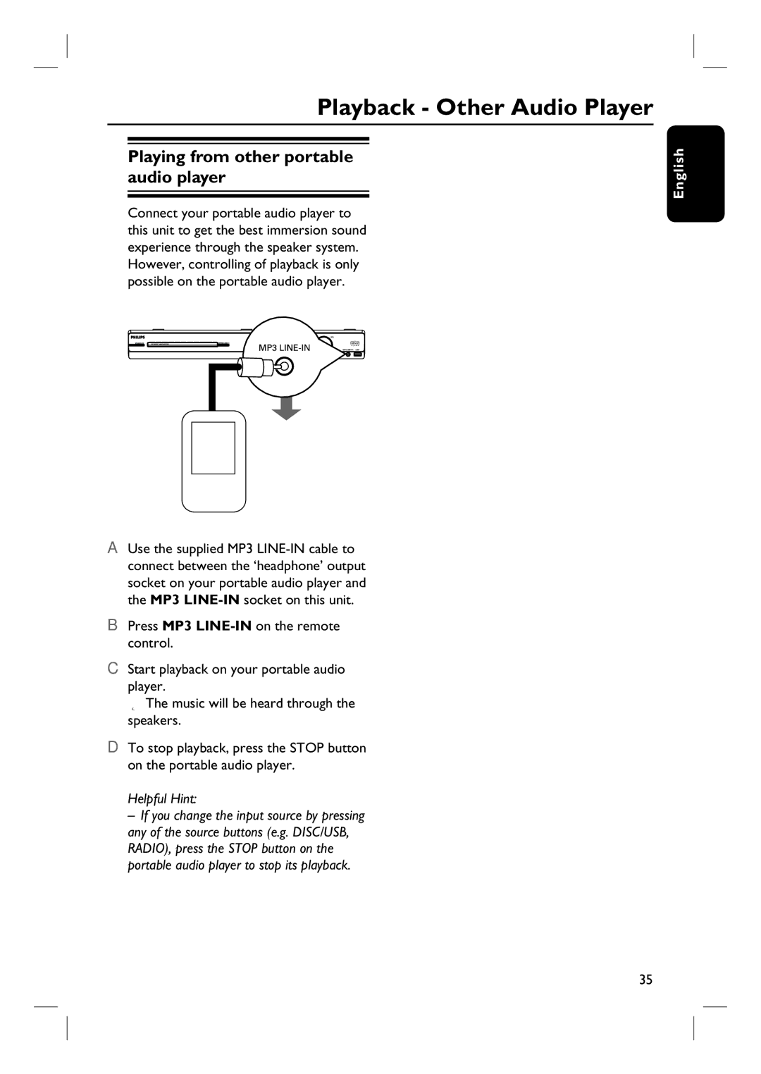 Philips HTS3548W/55 user manual Playback Other Audio Player, Playing from other portable audio player 