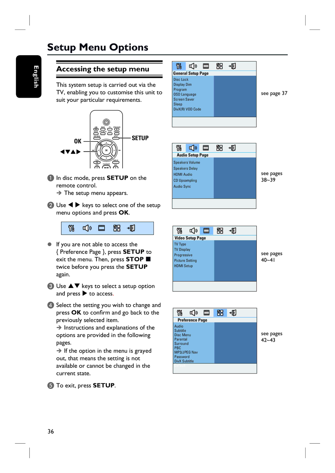 Philips HTS3548W/55 user manual Setup Menu Options, Accessing the setup menu, OK Setup, To access 