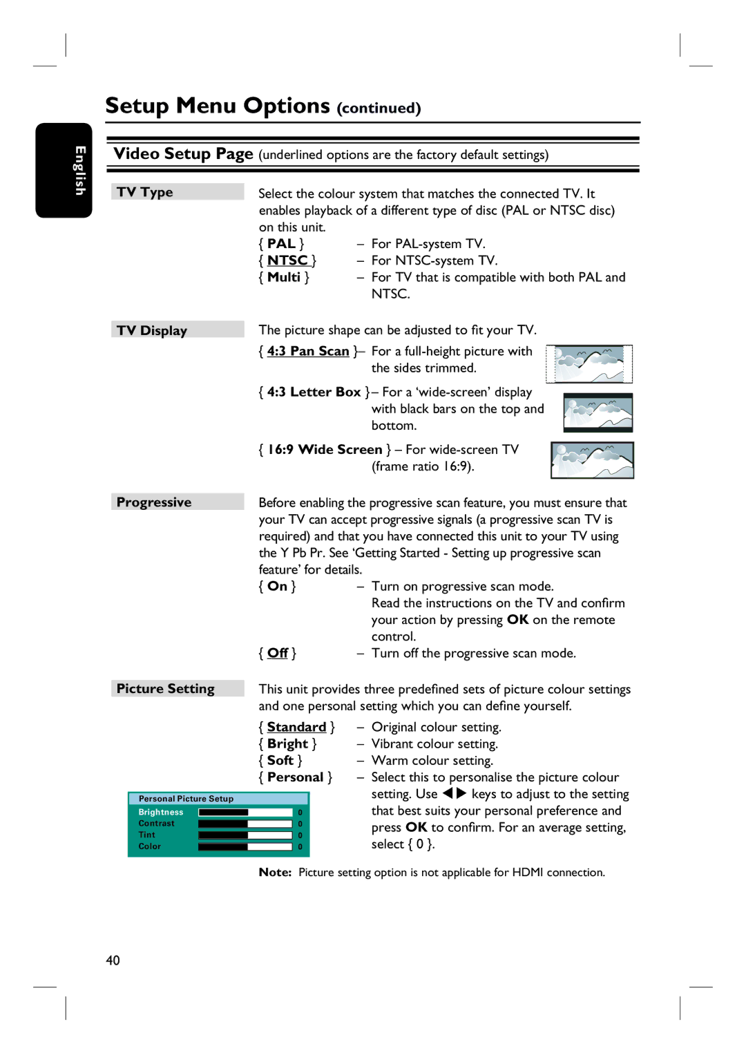 Philips HTS3548W/55 user manual TV Type, Pal, Multi, TV Display, Progressive, Picture Setting, Soft, Personal 