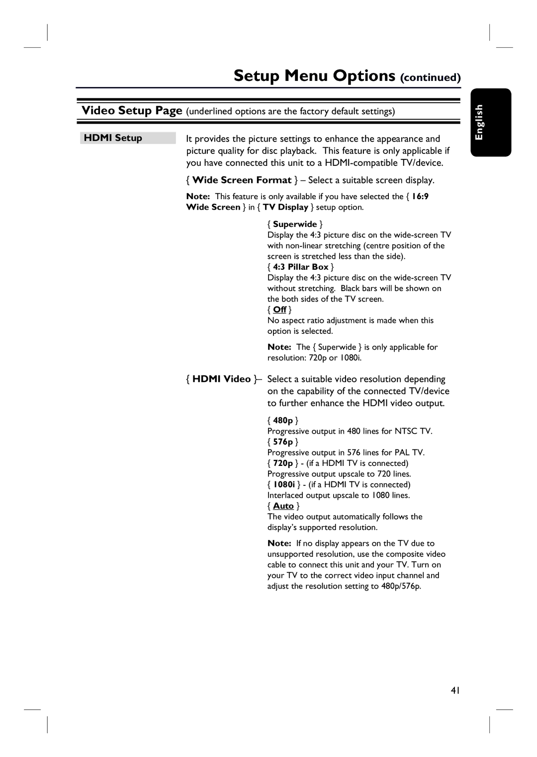 Philips HTS3548W/55 user manual Hdmi Setup, Superwide 