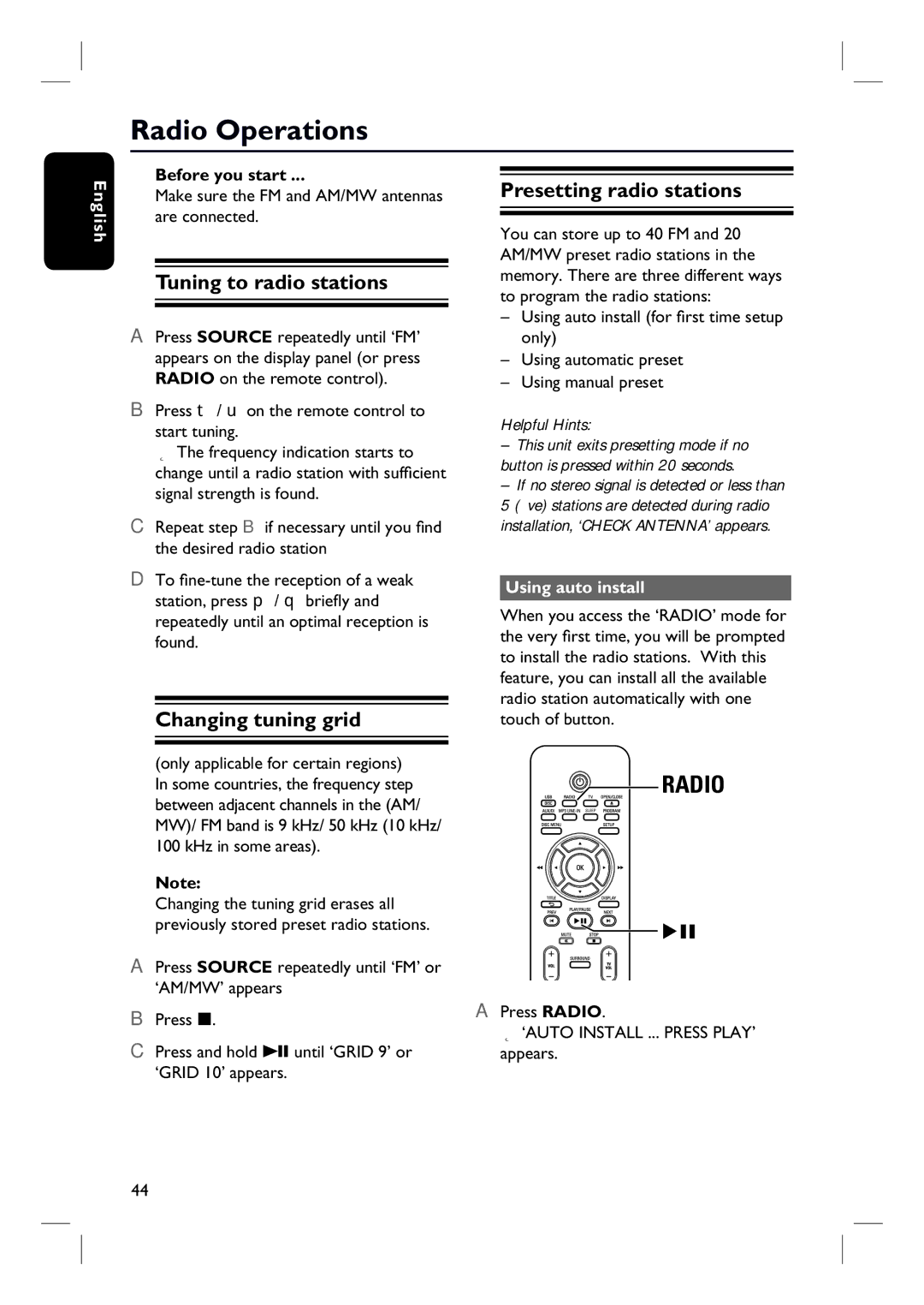 Philips HTS3548W/55 user manual Radio Operations, Tuning to radio stations, Changing tuning grid, Presetting radio stations 