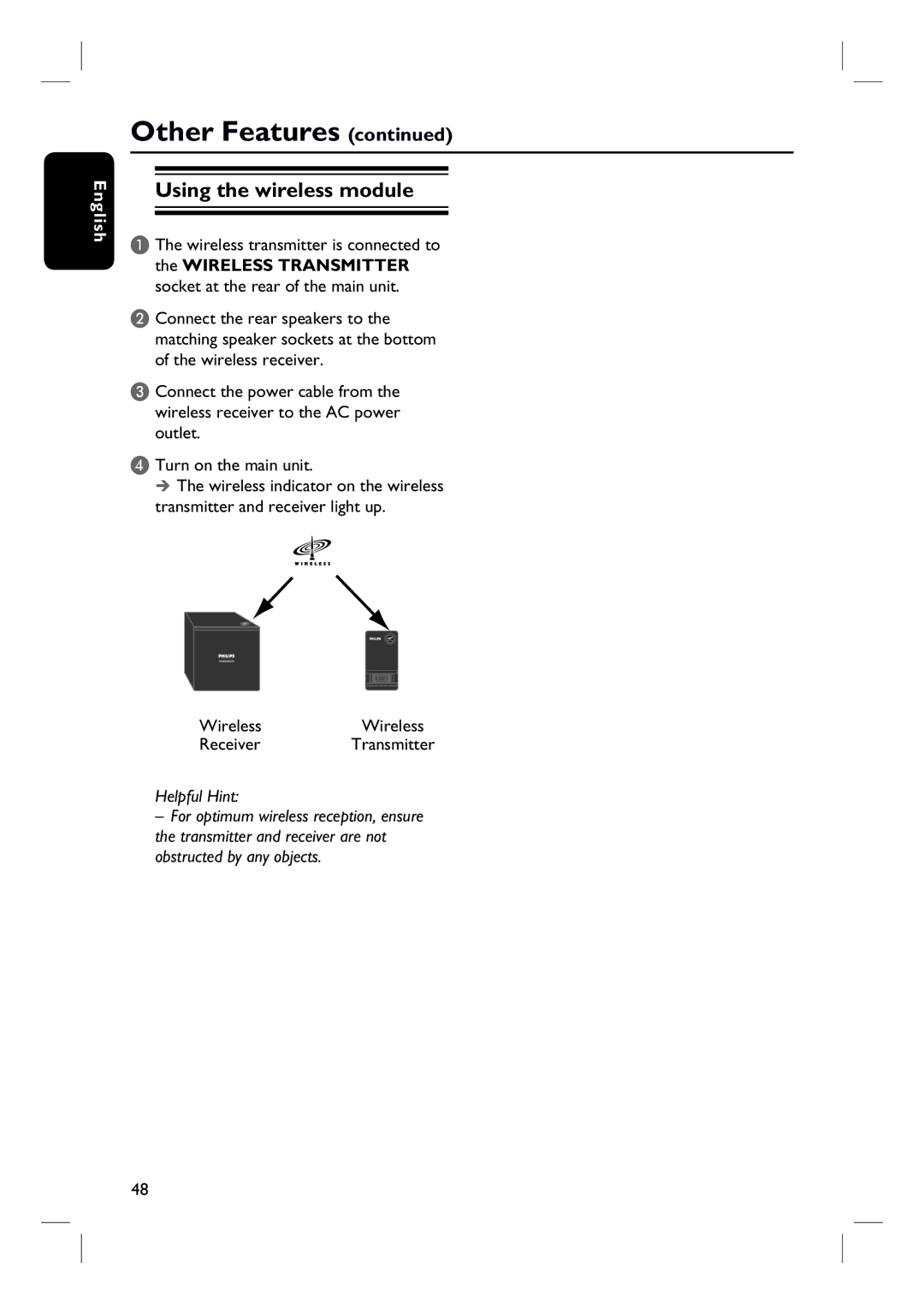 Philips HTS3548W/55 user manual Using the wireless module, WirelessWireless ReceiverTransmitter 